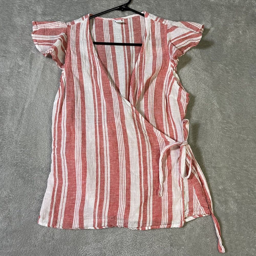 Old Navy Top Womens Medium Red White Striped Wrap Top Linen‎ Cotton Cap Sleeve
